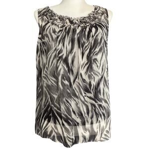 Talbots Silk Sleeveless Scoop Ruffle Neck Loose Flowy Top Black Gray Women 12P